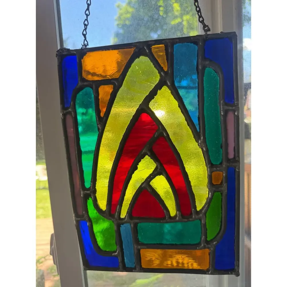 Vintage Leaded Stained Glass Window Panel Art Deco Style Geometric Hanging
